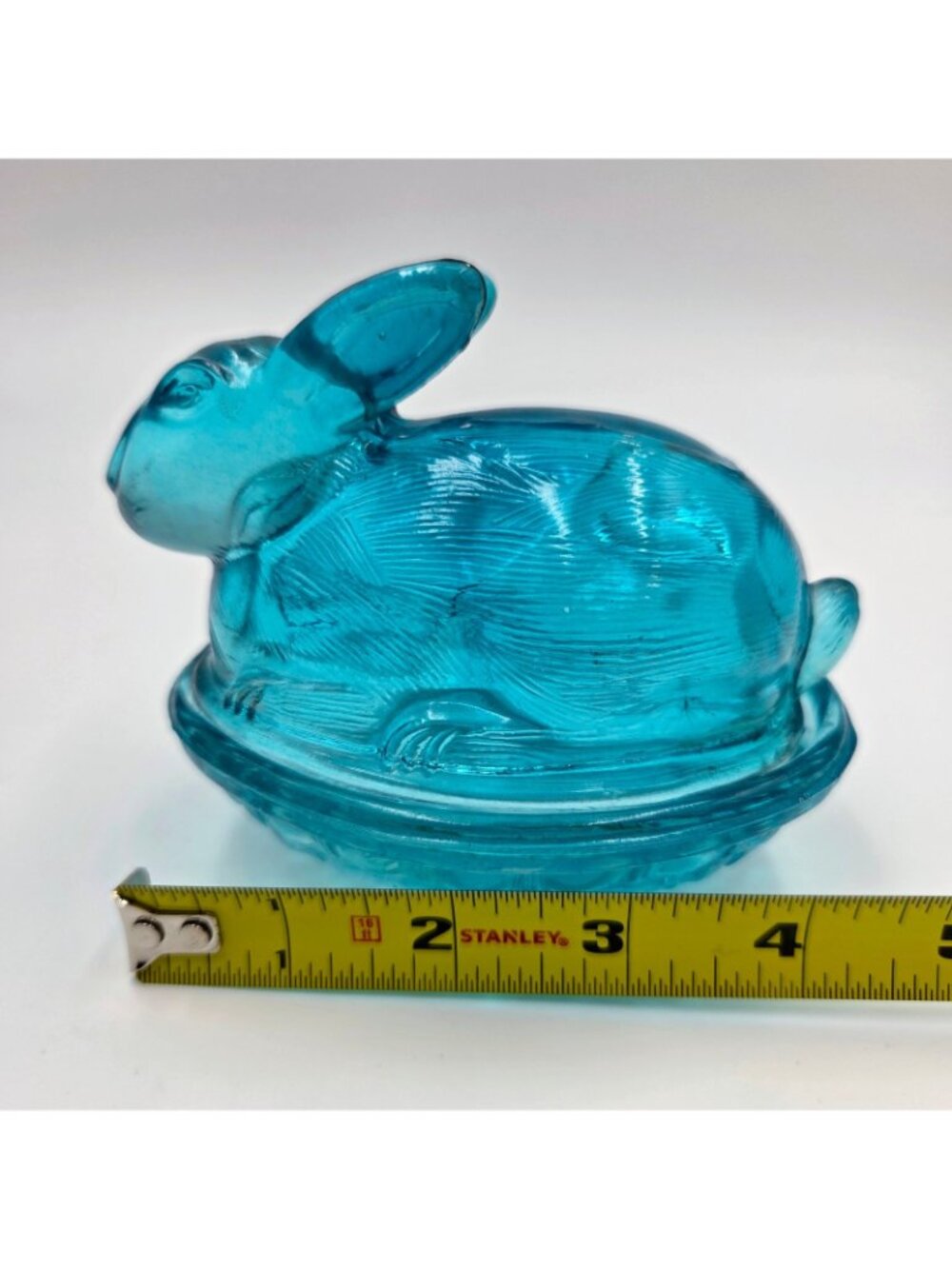 Vintage Blue Glass Bunny Rabbit Basket Weave Nest Covered Candy Dish Easter Read - Picture 2 of 15